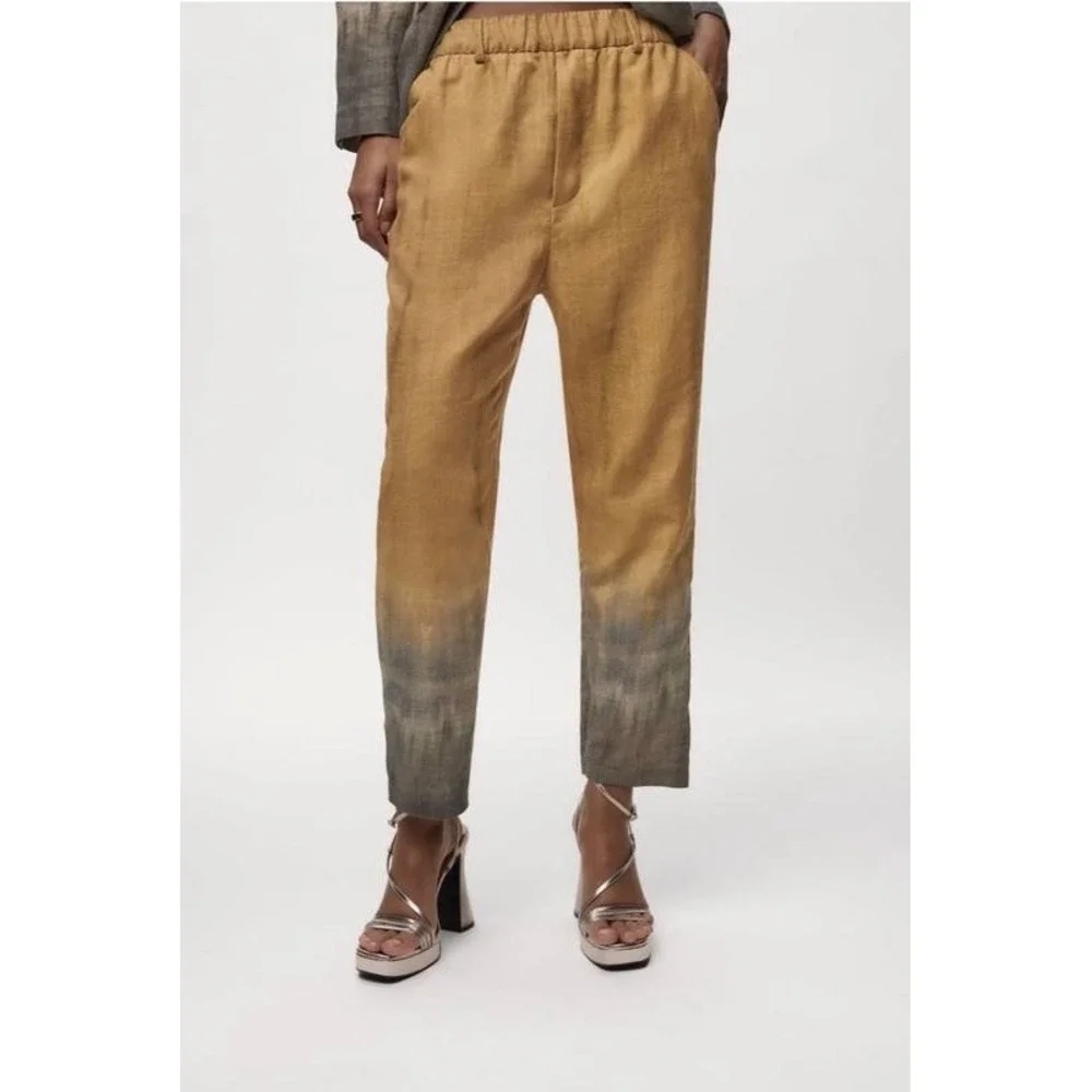 Zara XS Ombre Dip Tie Dye Linen Blend Pull On Trousers Pants Mustard Yellow Grey